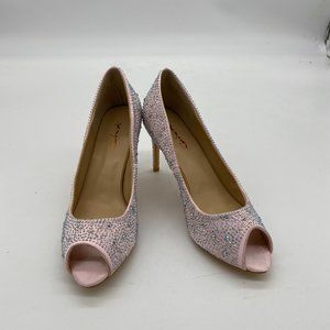 XYD Pink Peep Toe Rhinestone Pump Mid Heel
